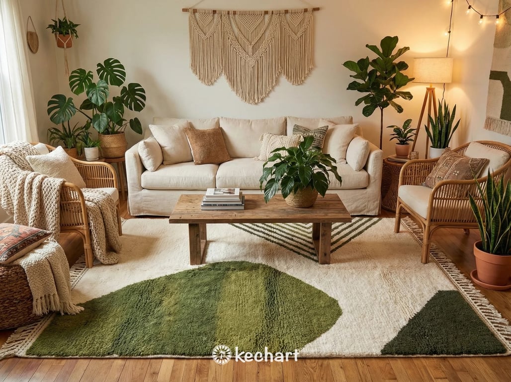 Plush olive green Moroccan shag rug placed under a bed in a cozy, bohemian style master bedroom.