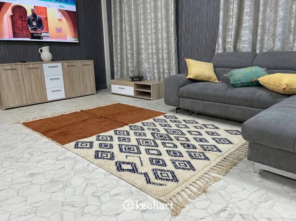 Made to Order Beni Ourain Rug - Custom Moroccan Wool, Rust & Navy Diamonds