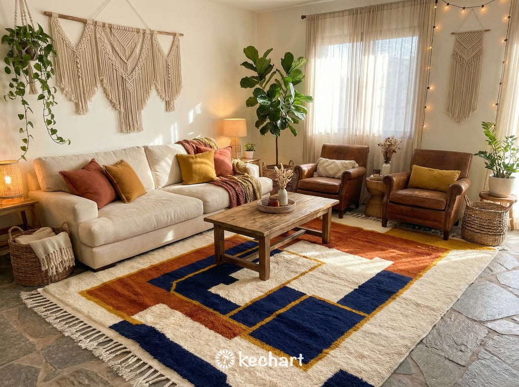 Cozy master bedroom showing the plush texture of a made-to-order Beni Ourain wool rug with colorful geometric designs placed beneath a bed frame.