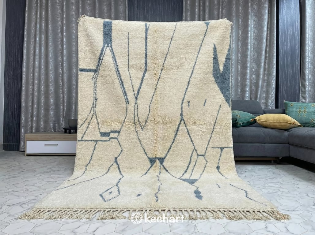 Custom Size Beni Ourain Moroccan Rug - Plush Wool with Blue Grey Diamonds