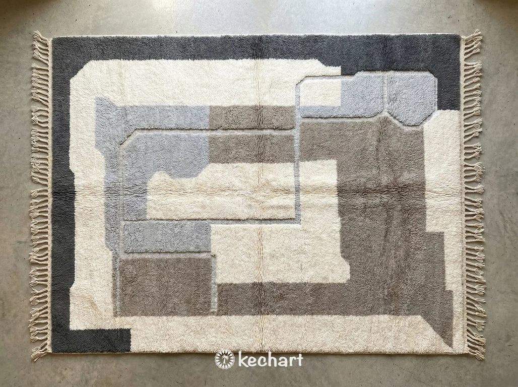 Custom Size Beni Ourain Moroccan Rug flat lay showing plush grey, silver, and soft white wool with geometric diamond pattern and traditional fringe.