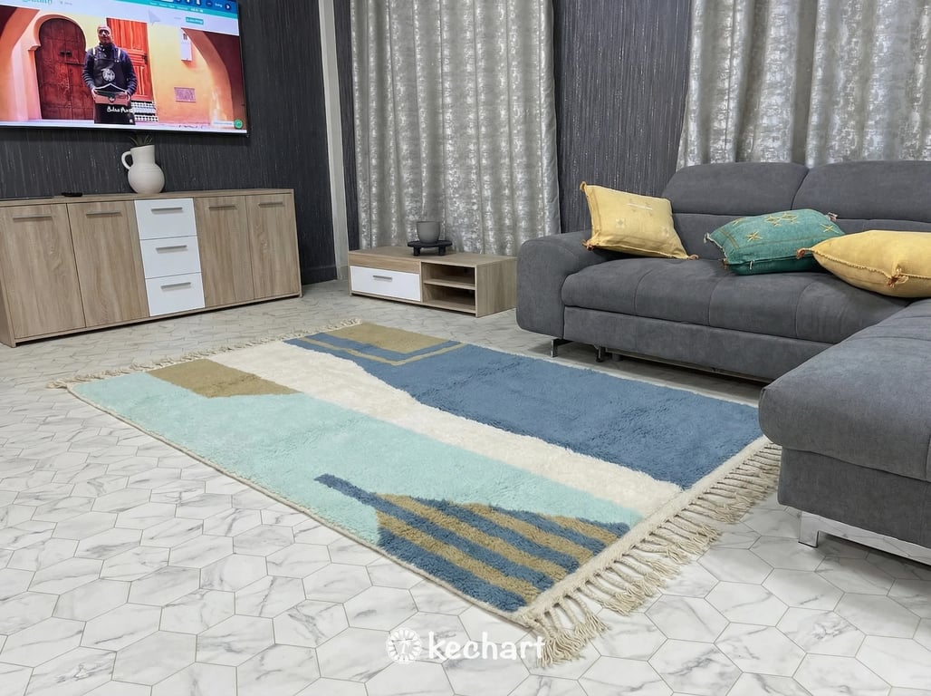 Close-up view of the high-pile wool texture and hand-knotted fringe details of a custom made-to-order Beni Ourain rug.