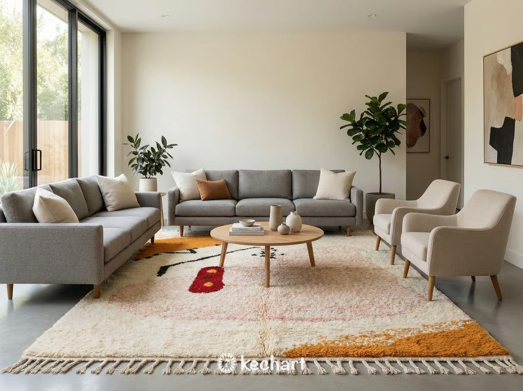 Vibrant geometric runner rug shown in a bright, sunlit entryway, highlighting the thick pile and handwoven texture against hardwood floors.