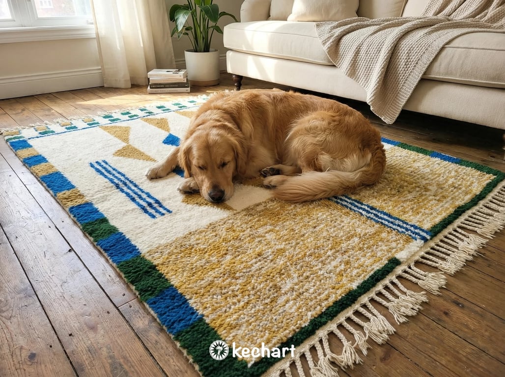 Custom Beni Ourain Rug - Made to Order Moroccan Blue & Gold Geometric Wool