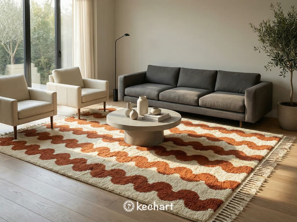 Plush cream and rust made-to-order Beni Ourain shag rug placed partially under a king-size bed in a bohemian-chic master bedroom setting.