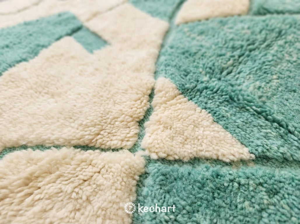 Custom Size Beni Ourain Rug - Authentic Moroccan Wool, Cream & Mint Geometric