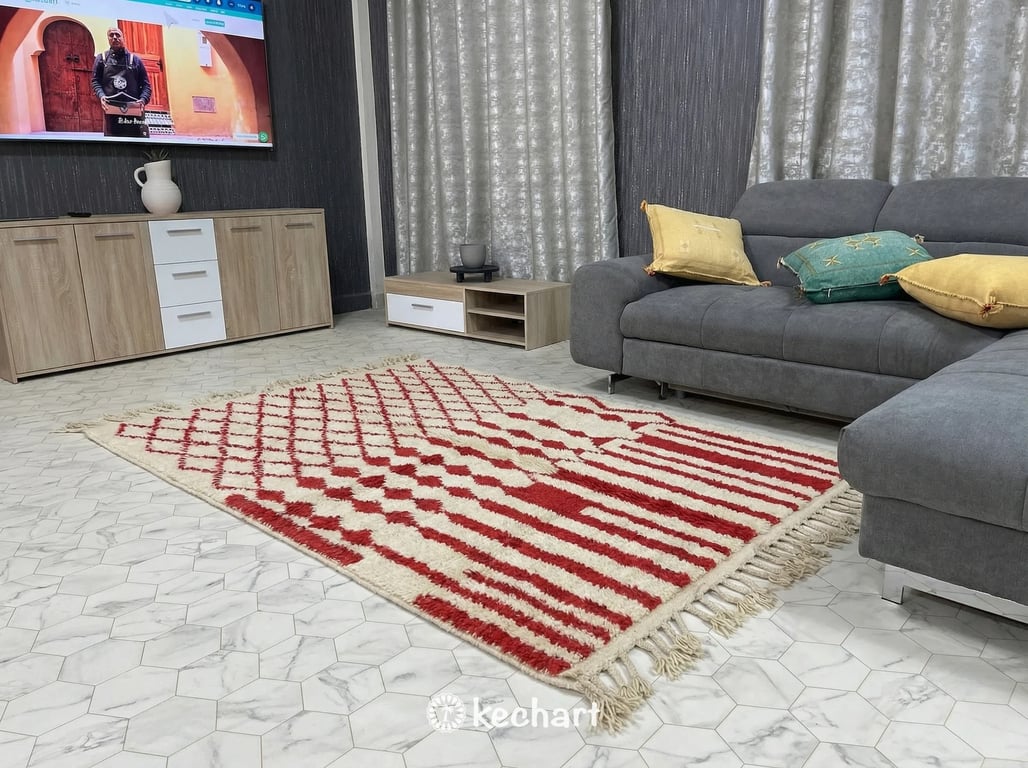 Custom Beni Ourain Rug in 'Red Alert' - Made to Order Moroccan Wool Area Rug with Geometric Diamonds