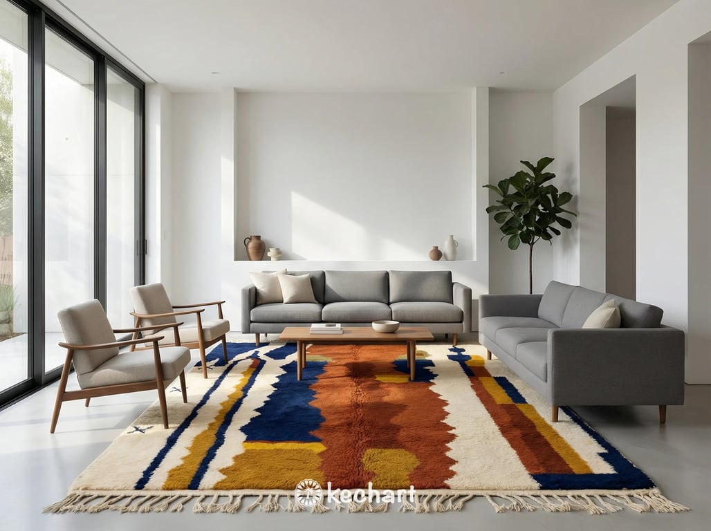 Large custom Beni Ourain area rug placed under a bed in a bright, modern bedroom, adding texture and warm rust and blue hues.