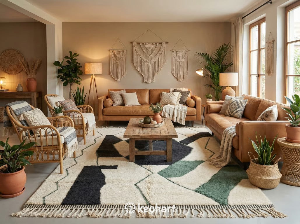 Minimalist home office space styled with a custom size Beni Ourain wool rug, adding warmth and tactile texture to a sleek desk environment.