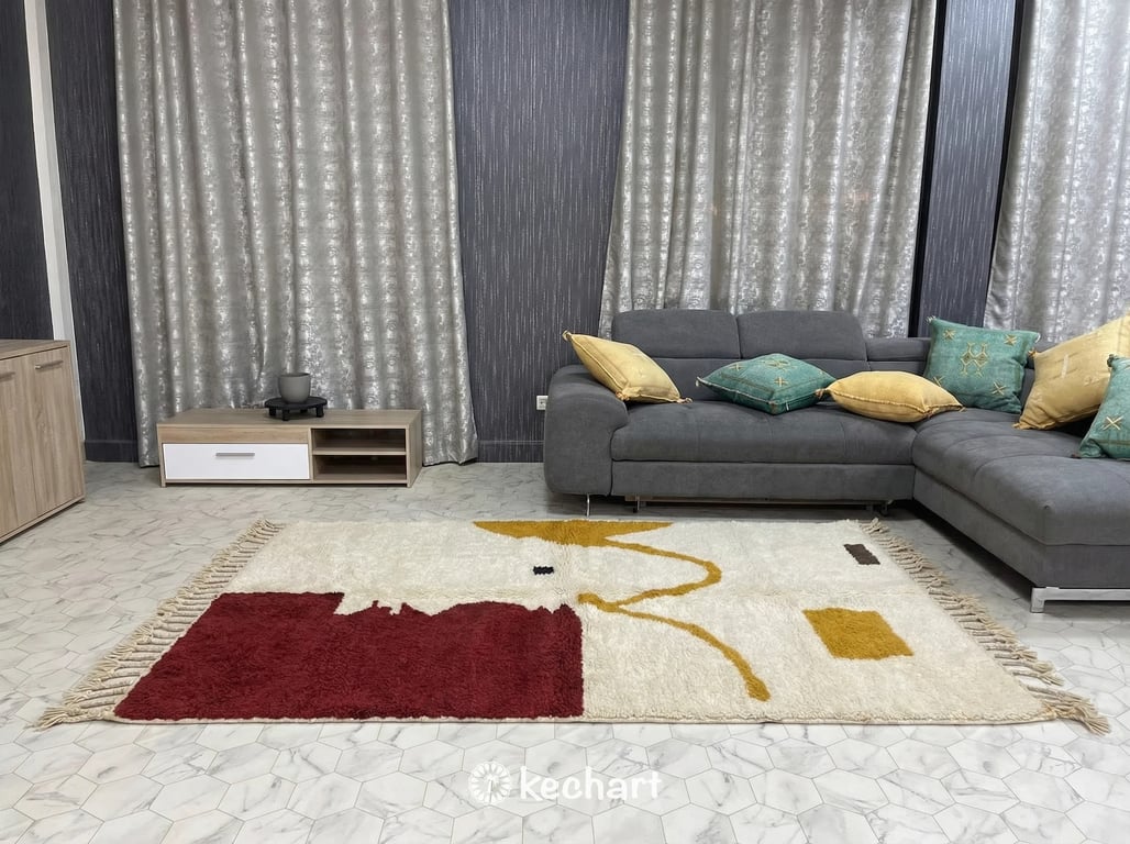 Custom Size Beni Ourain Rug - Handwoven Geometric Wool, Earth Tones & Red