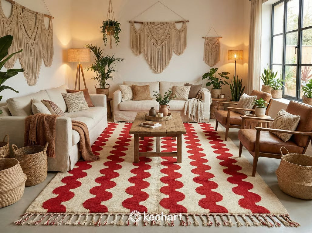 Plush cream and red Moroccan shag rug anchoring a mid-century modern living room with a leather sofa and wooden coffee table.