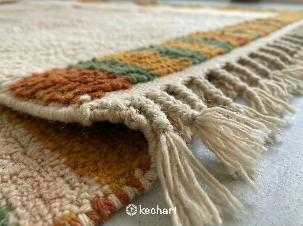 Custom Beni Ourain Rug | Handmade Moroccan Wool | Rust & Pesto Diamond Geometric