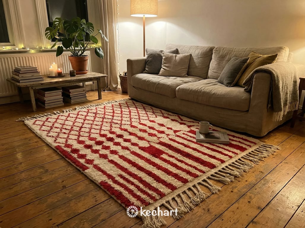 Custom Beni Ourain Rug in 'Red Alert' - Made to Order Moroccan Wool Area Rug with Geometric Diamonds