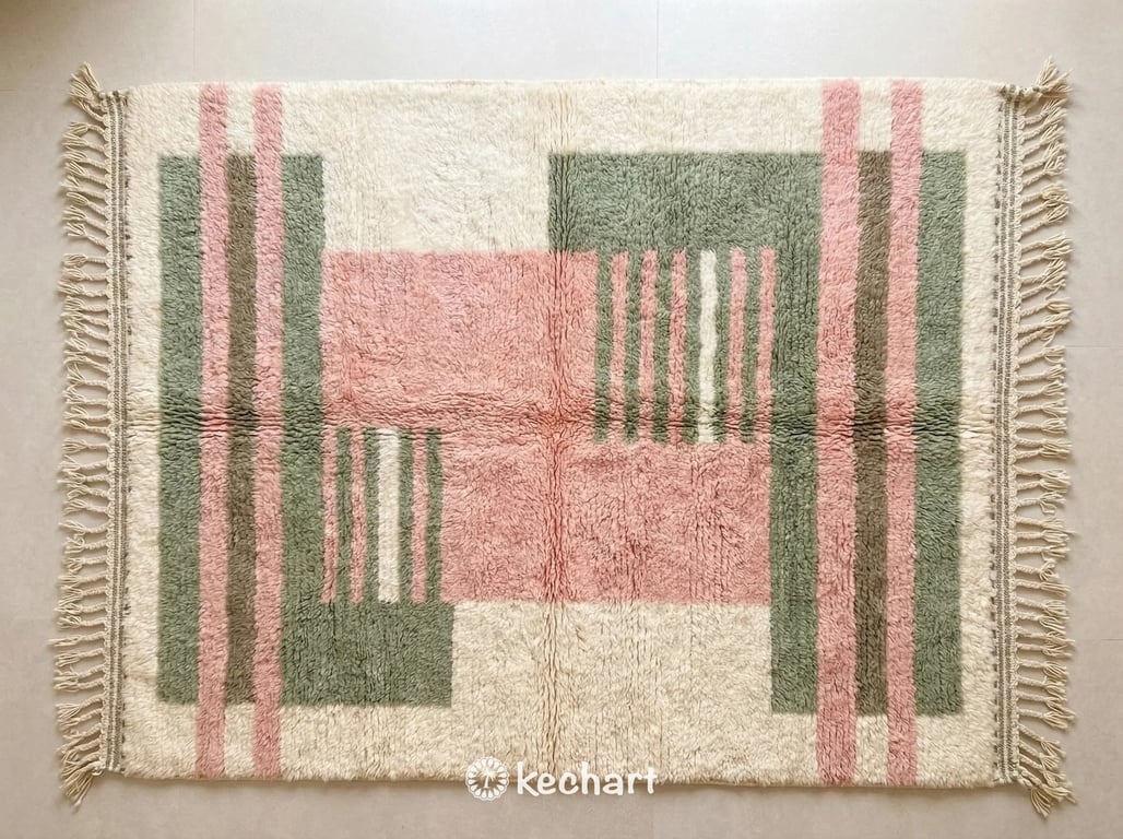 Custom Beni Ourain Moroccan wool rug in sage green, powder pink, and taupe geometric diamond pattern on soft white base, showing plush shag texture and traditional fringe.