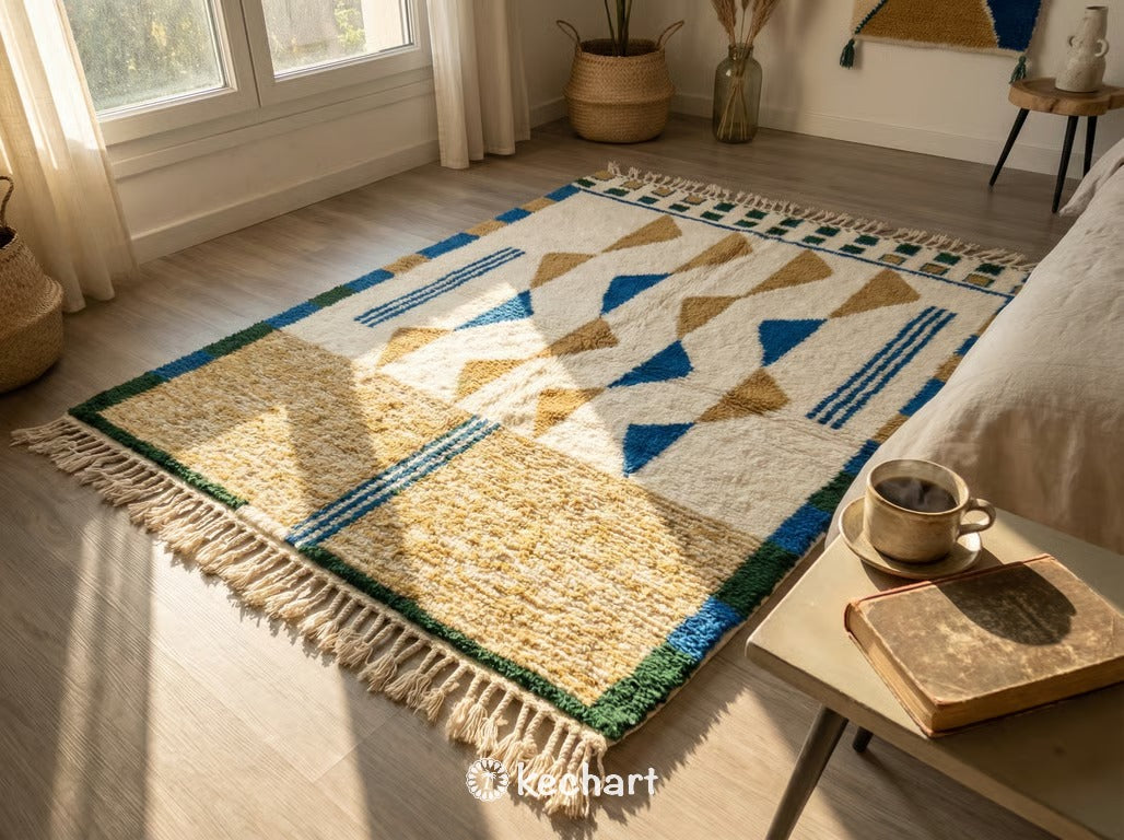 Custom Beni Ourain Rug - Made to Order Moroccan Blue & Gold Geometric Wool