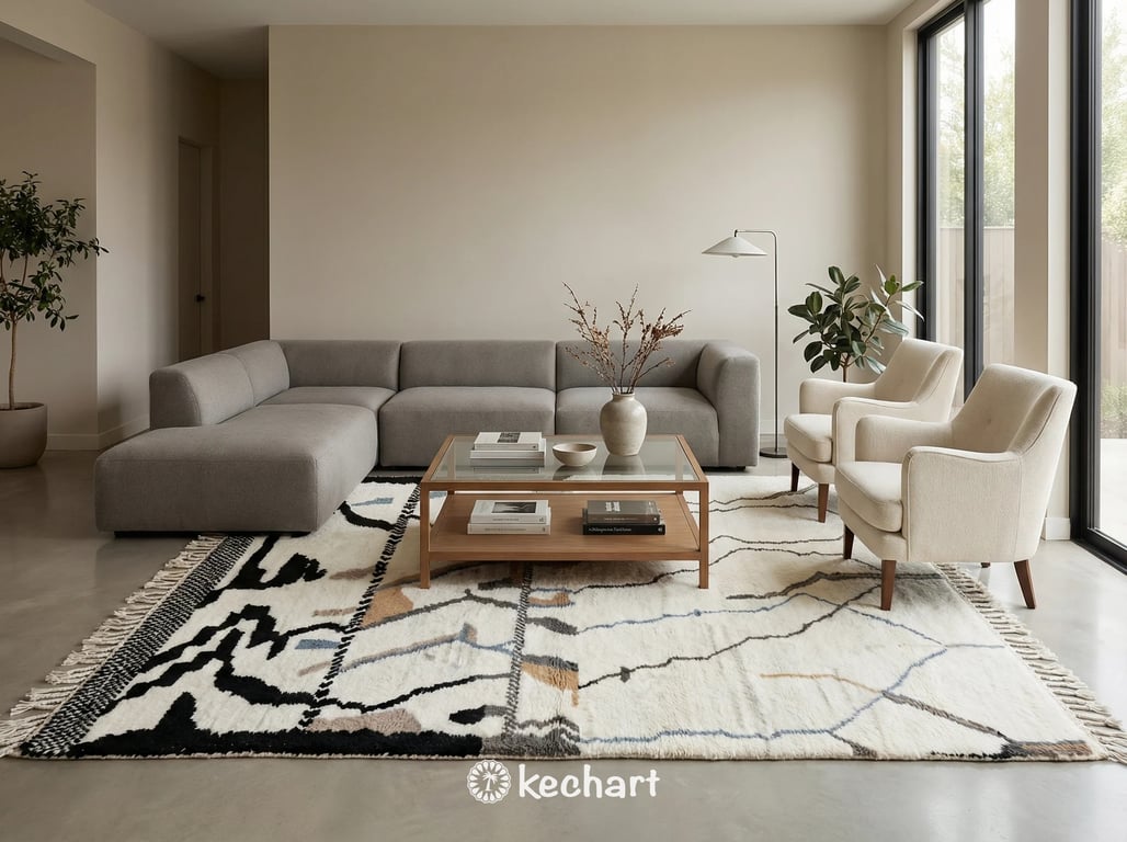Plush made-to-order Moroccan shag rug placed under a bed in a serene master bedroom, complementing soft beige and grey bedding tones.