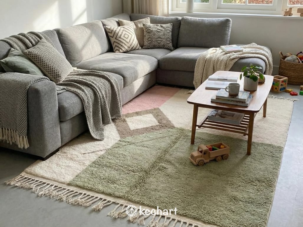 Custom Size Beni Ourain Rug - Moroccan Wool Rug in Sage & Pink Geometric