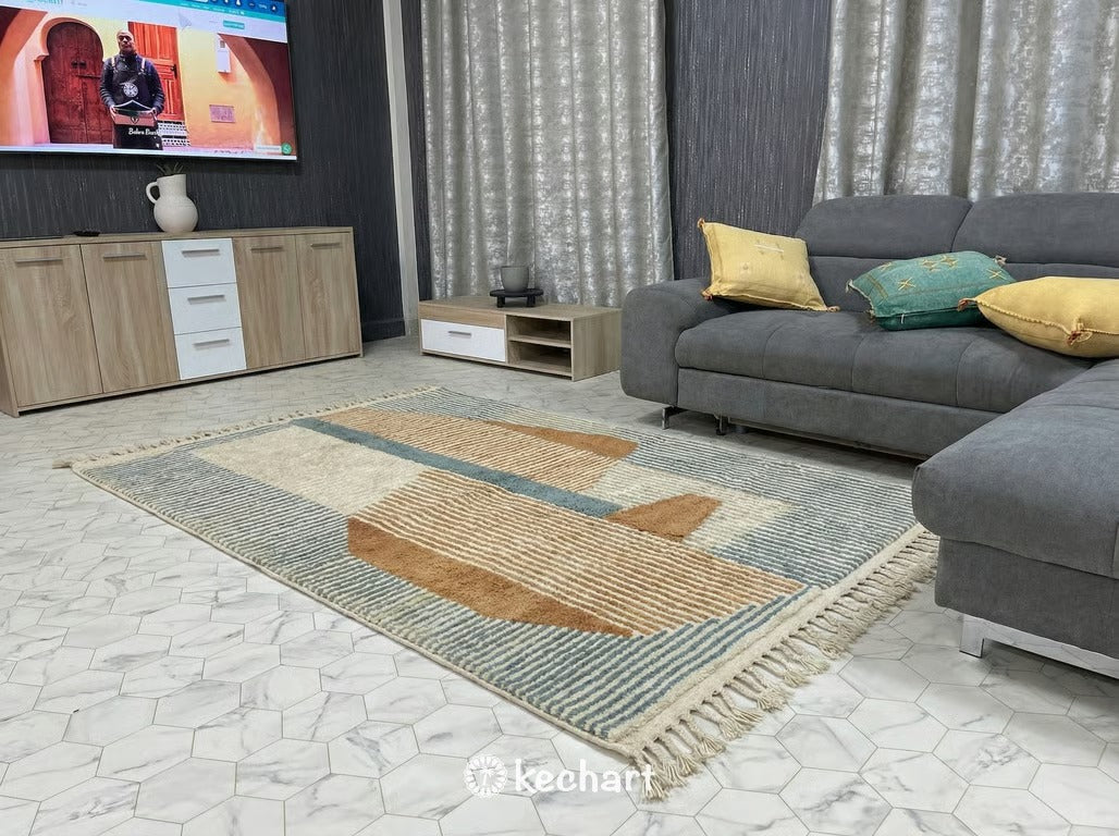 Custom Beni Ourain Rug - Handwoven Moroccan Wool in Sand, Brown & Blue Diamond Pattern