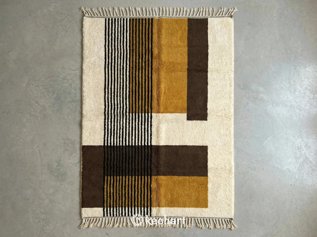 Custom made Beni Ourain Moroccan rug flat lay showing plush wool texture and medium density geometric diamond pattern in rich tones of oxblood red, beige, dark earth, and black.