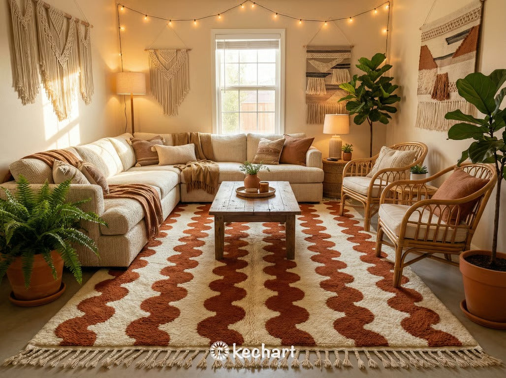 Large custom Moroccan Beni Ourain area rug featuring cream wool and rust diamonds, anchoring a modern living room with a neutral linen sofa and rustic wooden coffee table.