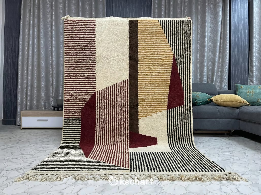Custom Beni Ourain Rug - Made to Order Moroccan Wool, Oxblood Red & Beige