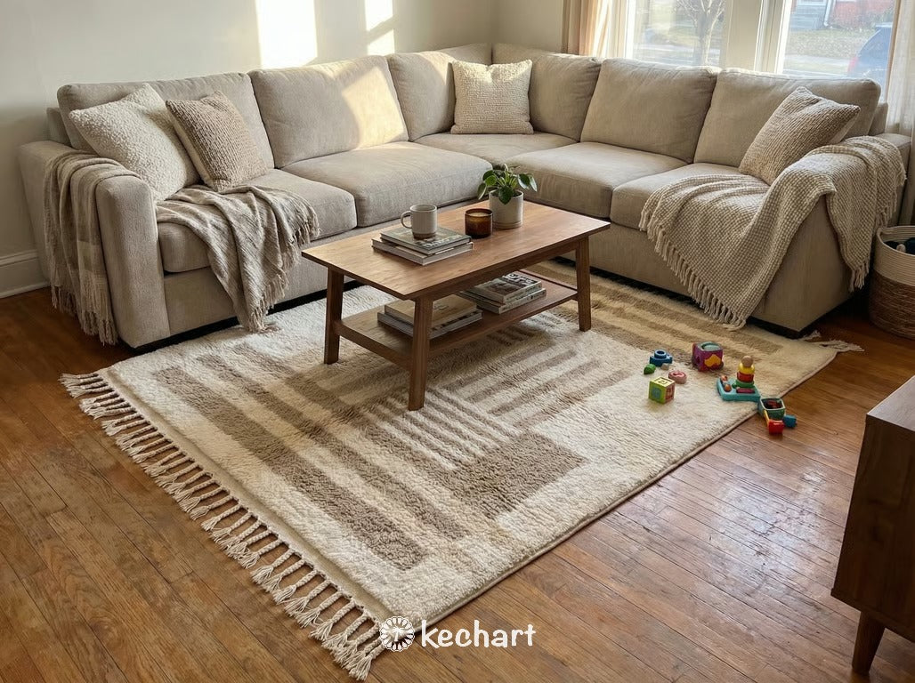 Custom Size Beni Ourain Rug - Plush Moroccan Wool Area Rug, Cream & Beige