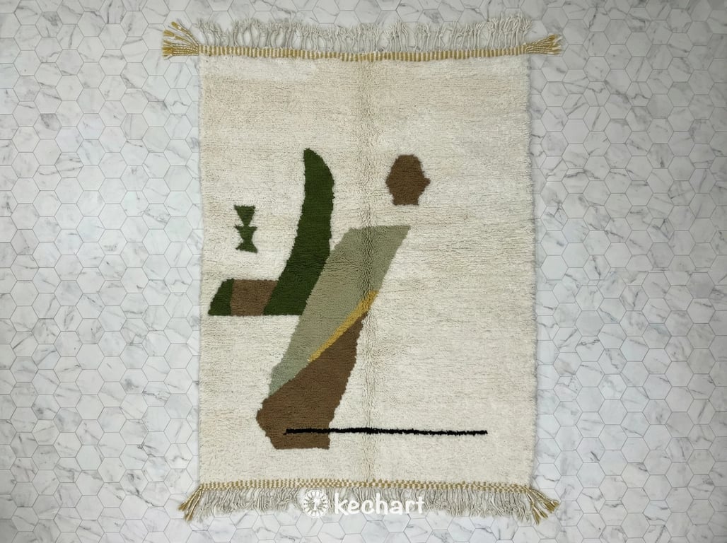 Custom made Beni Ourain Moroccan wool rug showing plush texture and geometric diamond pattern in olive grove, raw umber, and sage green earth tones with traditional fringe.