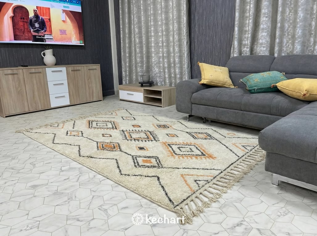 Plush Beni Ourain area rug placed under a queen bed in a bohemian style bedroom, highlighting the soft texture and warm tangerine accents.