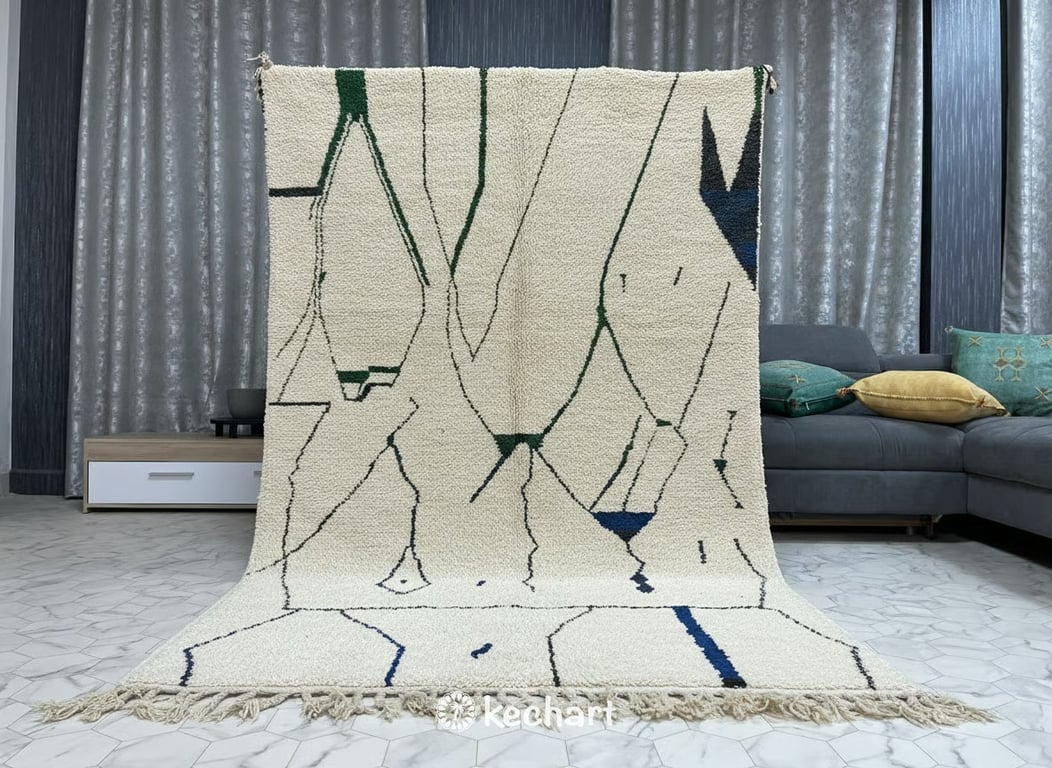 Custom Beni Ourain Rug - Handwoven Moroccan Wool, Cream & Sapphire Blue