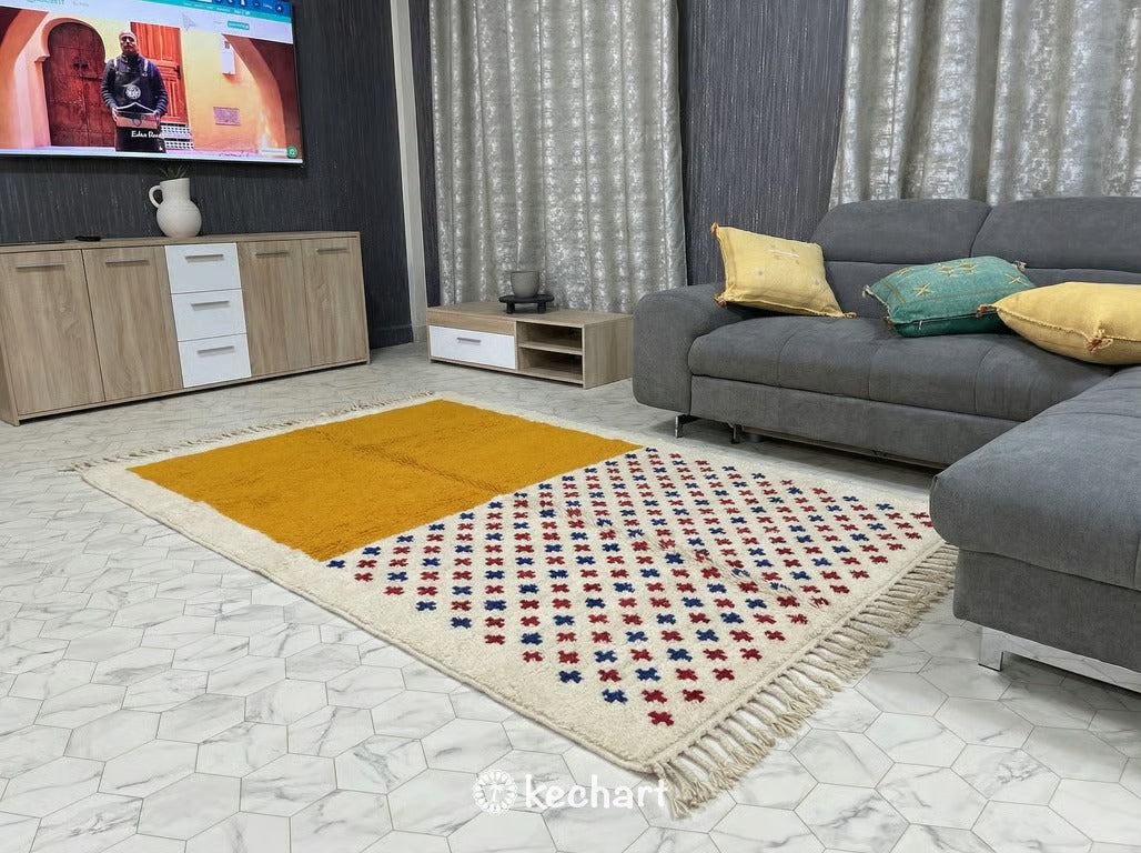 Made to Order Beni Ourain Rug - Plush Moroccan Wool, Saffron & Blue Diamonds