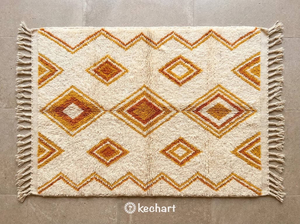 Handwoven Custom Beni Ourain Moroccan Rug in vibrant curry and saffron yellow wool pile. Plush shaggy texture with a modern asymmetric geometric pattern and traditional fringe.