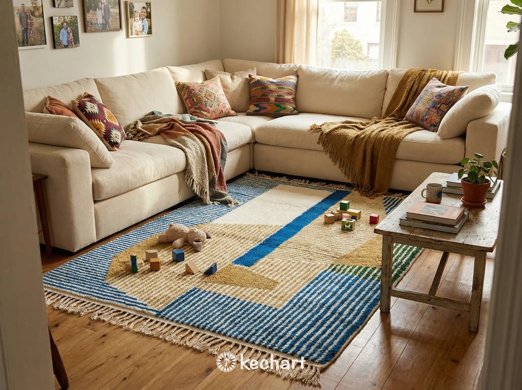 Custom Beni Ourain Rug - Handwoven Moroccan Wool, Blue & Gold Geometric Pattern