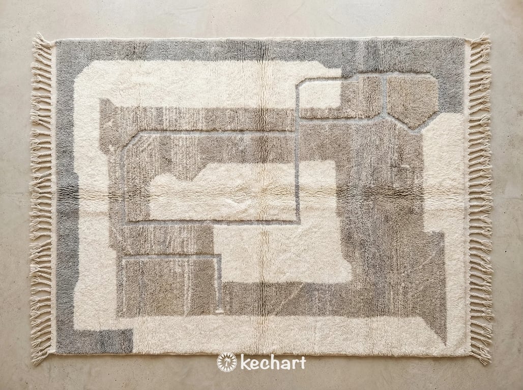 Custom Made Beni Ourain Moroccan Rug flat lay showing plush wool texture, traditional fringe, and geometric diamond pattern in soft white, cool grey, and taupe threads.