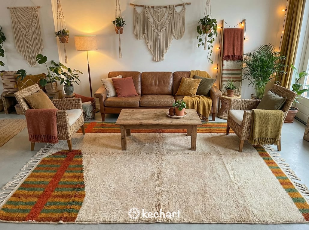 A plush, custom-sized Moroccan Beni Ourain area rug anchoring a bohemian modern living room with a neutral linen sofa and wooden coffee table.