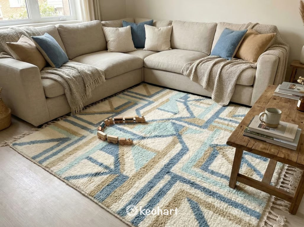 Custom Beni Ourain Moroccan Rug in Dusty Blue & Cream Wool - All Sizes Available