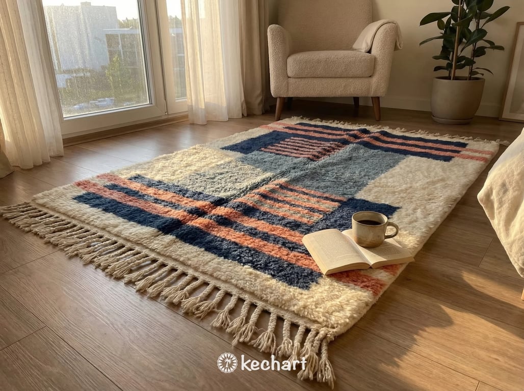 Custom Beni Ourain Rug - Made to Order Moroccan Wool with Blue Diamond Pattern
