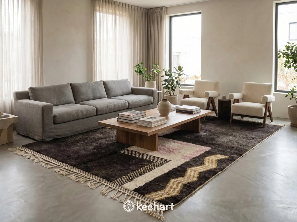 Large custom Moroccan wool area rug anchored under a linen sofa in a desert modern living room, showing warm beige and brown tones.