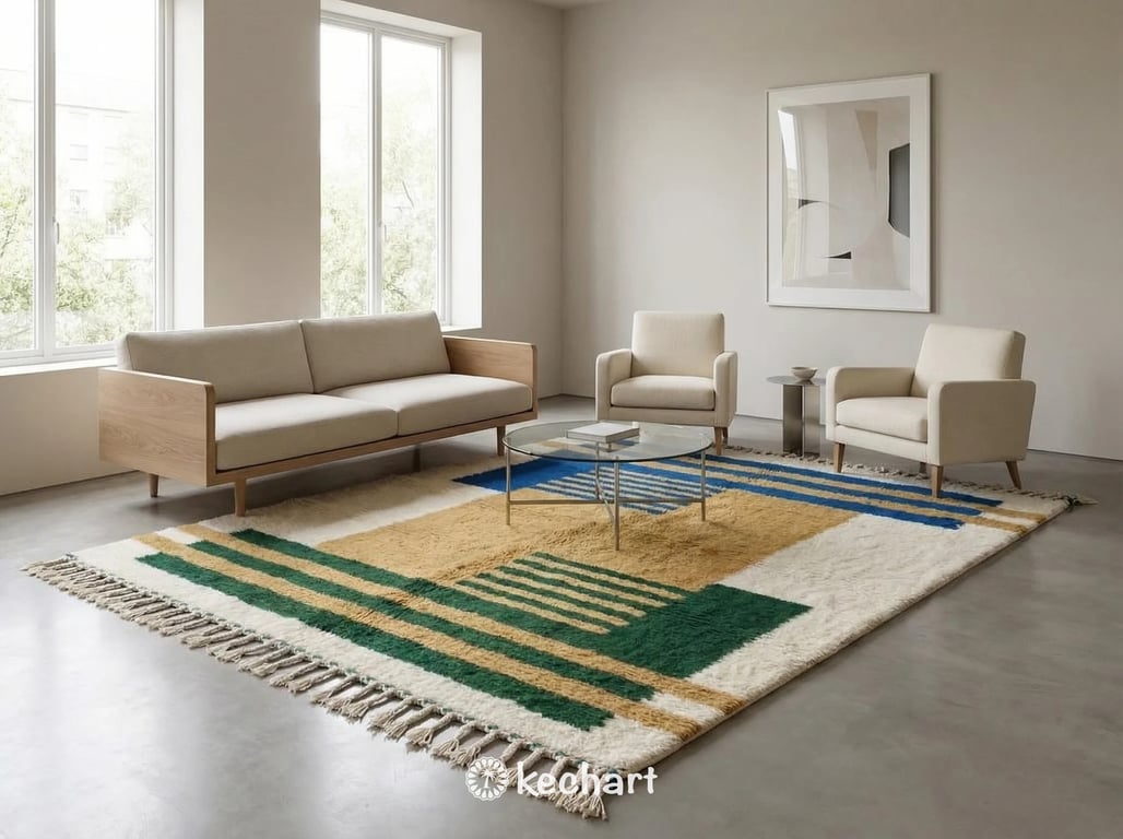 A stylish nursery room setting featuring a medium-sized custom Moroccan shag rug with playful blue and gold geometric designs, providing a soft play area on hardwood floors.