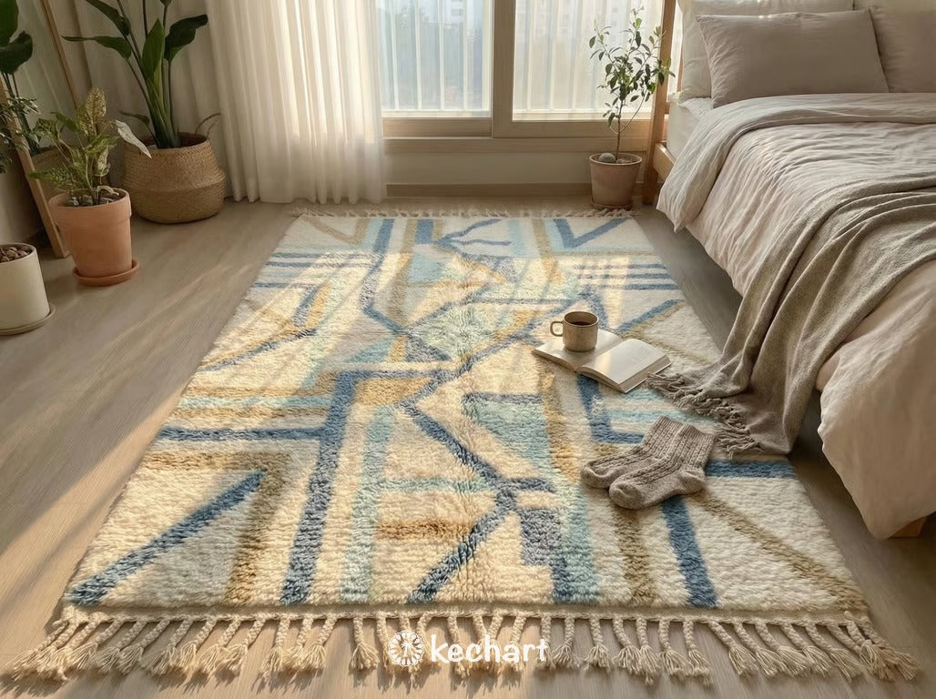 Custom Beni Ourain Moroccan Rug in Dusty Blue & Cream Wool - All Sizes Available