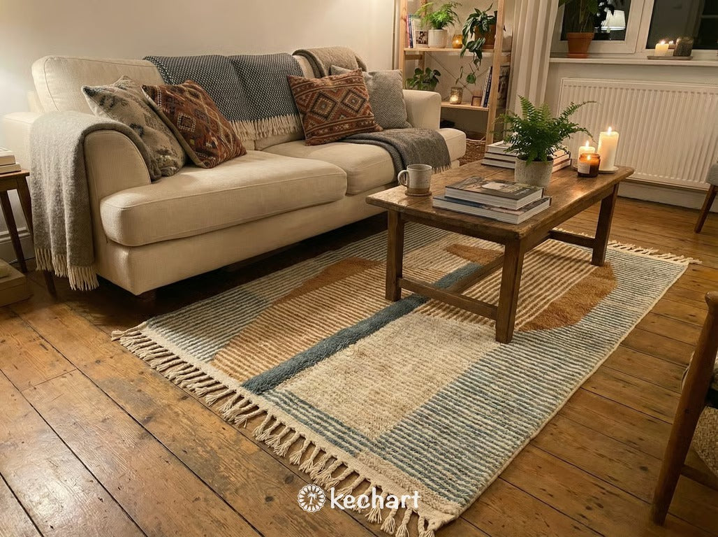 Custom Beni Ourain Rug - Handwoven Moroccan Wool in Sand, Brown & Blue Diamond Pattern