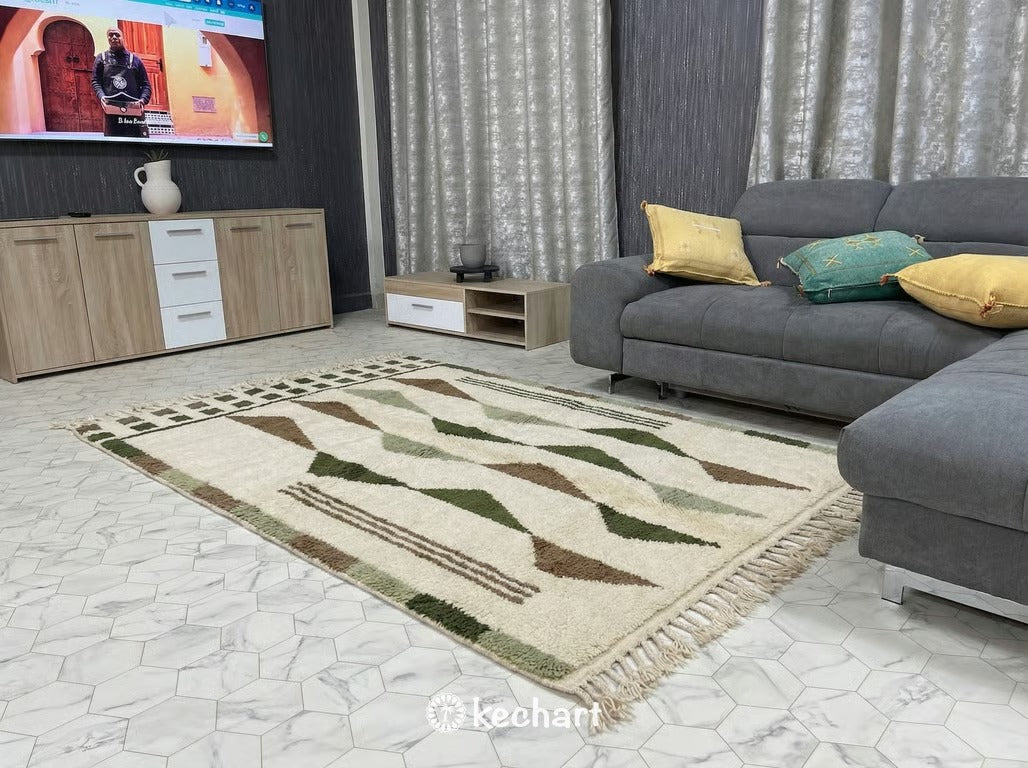 Custom Beni Ourain Moroccan Rug - Plush Wool, Olive & Sage Diamonds