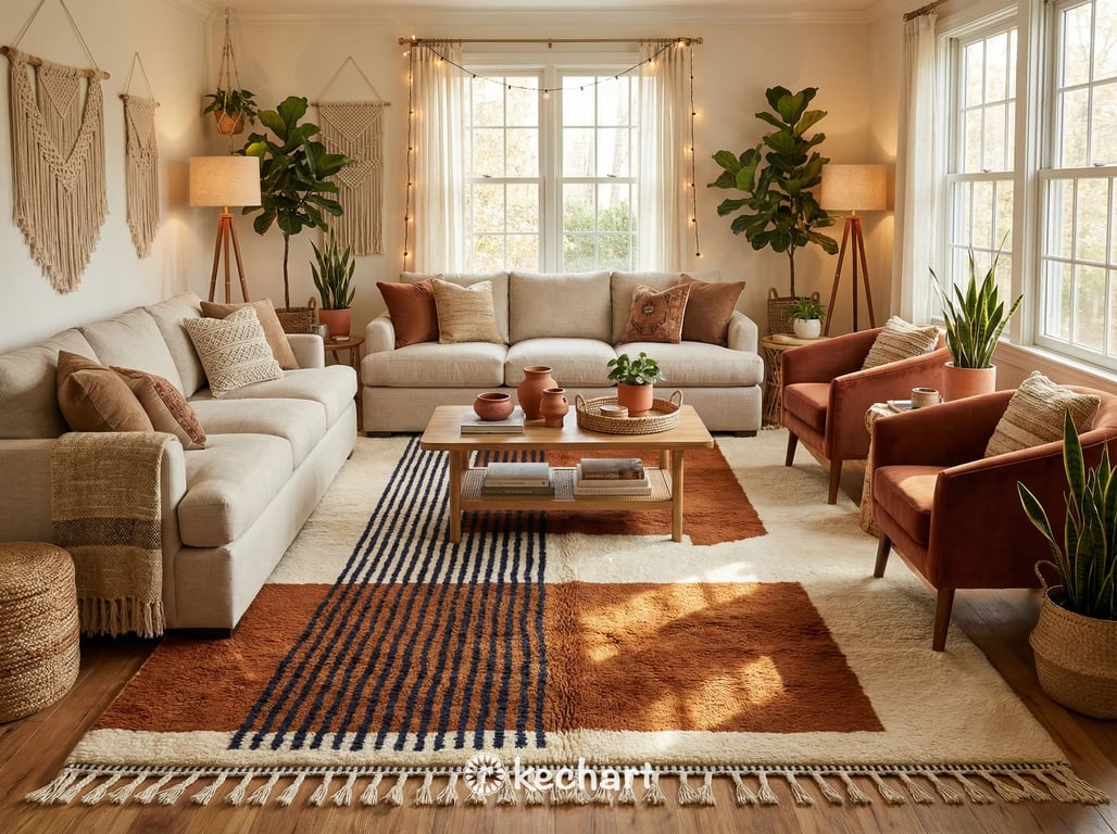 Plush Beni Ourain shag rug placed partially under a king-size bed in a cozy master bedroom setting, adding texture and warmth with rust and navy tones.