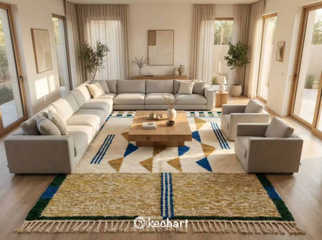 Plush made-to-order shag rug in Beni Ourain style placed beneath a king-sized bed, adding warmth and texture to a minimalist bedroom setting.