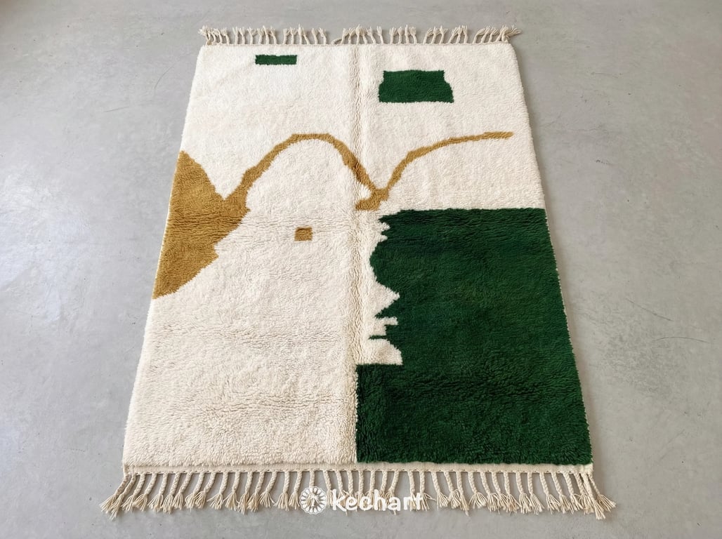 Handwoven custom Beni Ourain Moroccan rug flat lay showing plush wool texture, soft white base with Aztec gold and fir green geometric diamond patterns and traditional fringe.