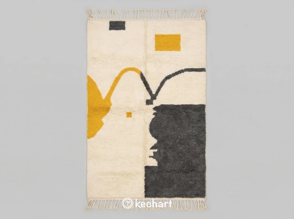 Handwoven Custom Beni Ourain Moroccan Wool Rug featuring a geometric diamond pattern in cream base with charcoal black and sunflower yellow accents. Plush texture, traditional fringe.