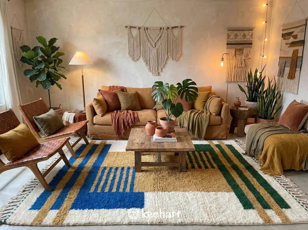 A luxurious bohemian bedroom featuring a plush, made-to-order Moroccan Berber rug in blue and gold tones placed halfway under a large bed with neutral bedding.