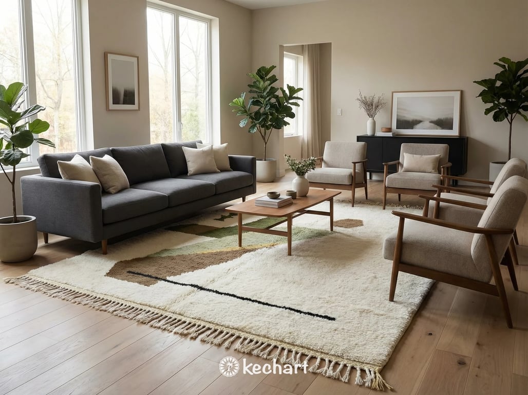 Plush, shaggy Moroccan wool rug in earth tones placed beside a bed in a bohemian style master bedroom setting.