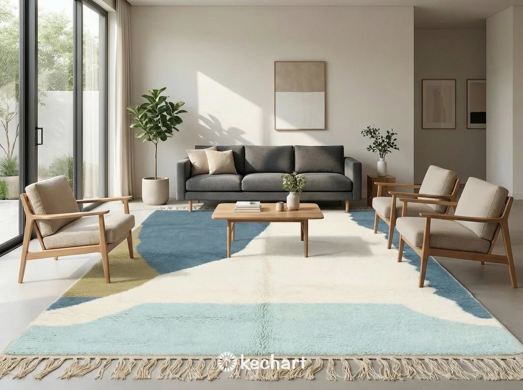Plush shaggy Moroccan wool rug in a bohemian bedroom setting, placed partially under a king-size bed adding warmth and texture with soft blue and white tones.