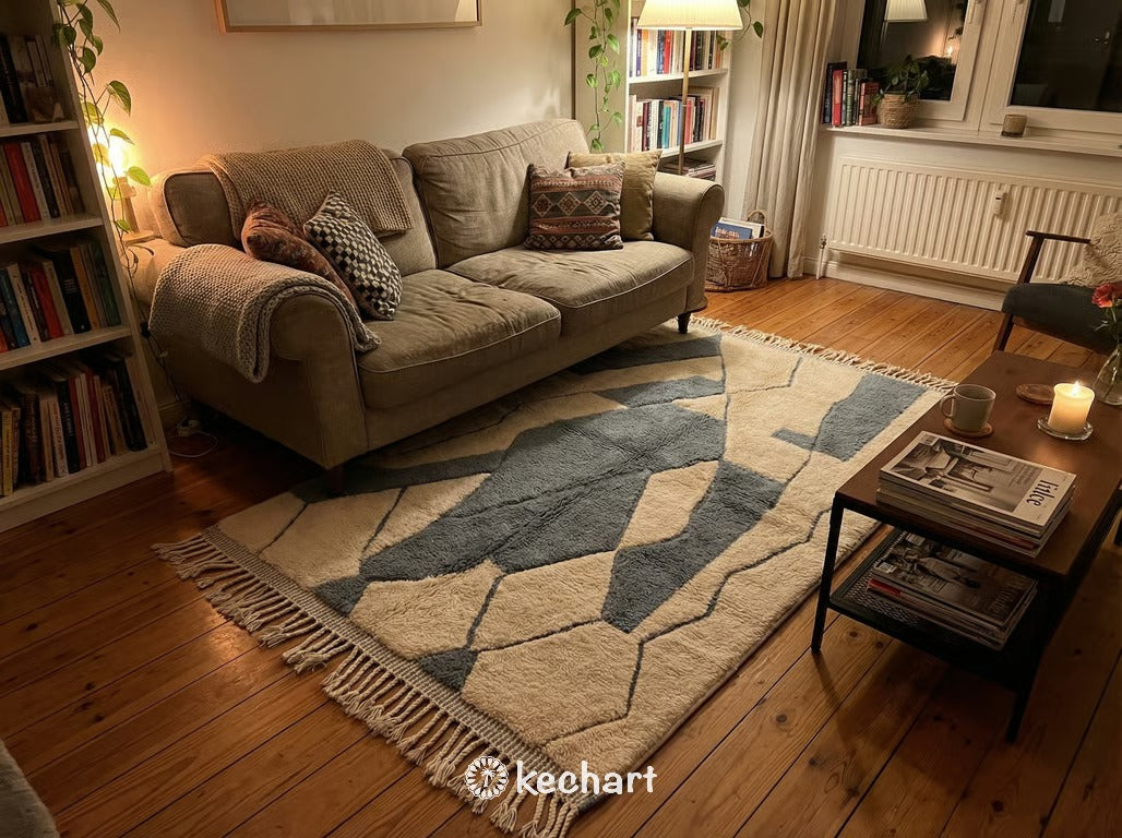 Custom Beni Ourain Rug - Made to Order Cream & Blue Wool