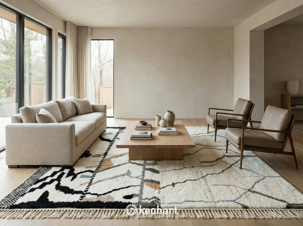 Soft white and grey geometric diamond Moroccan rug in a modern bohemian nursery, providing a soft play area on hardwood floors.